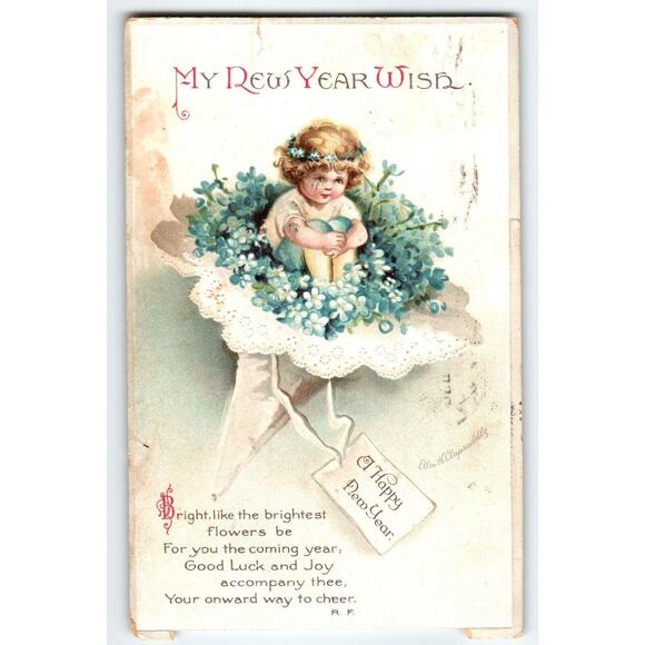 New Years Postcard Ellen Clapsaddle Girl Sits In Flower Bouquet Ser 1948 DAMAGE - Picture 1 of 3